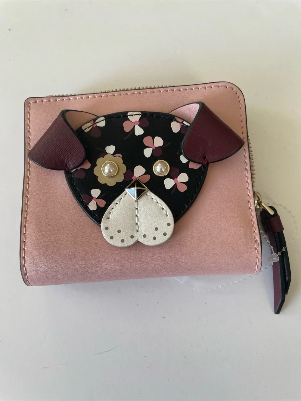 kate spade floral pup Blush Pink Zip Card Case / wallet with Printed Lining